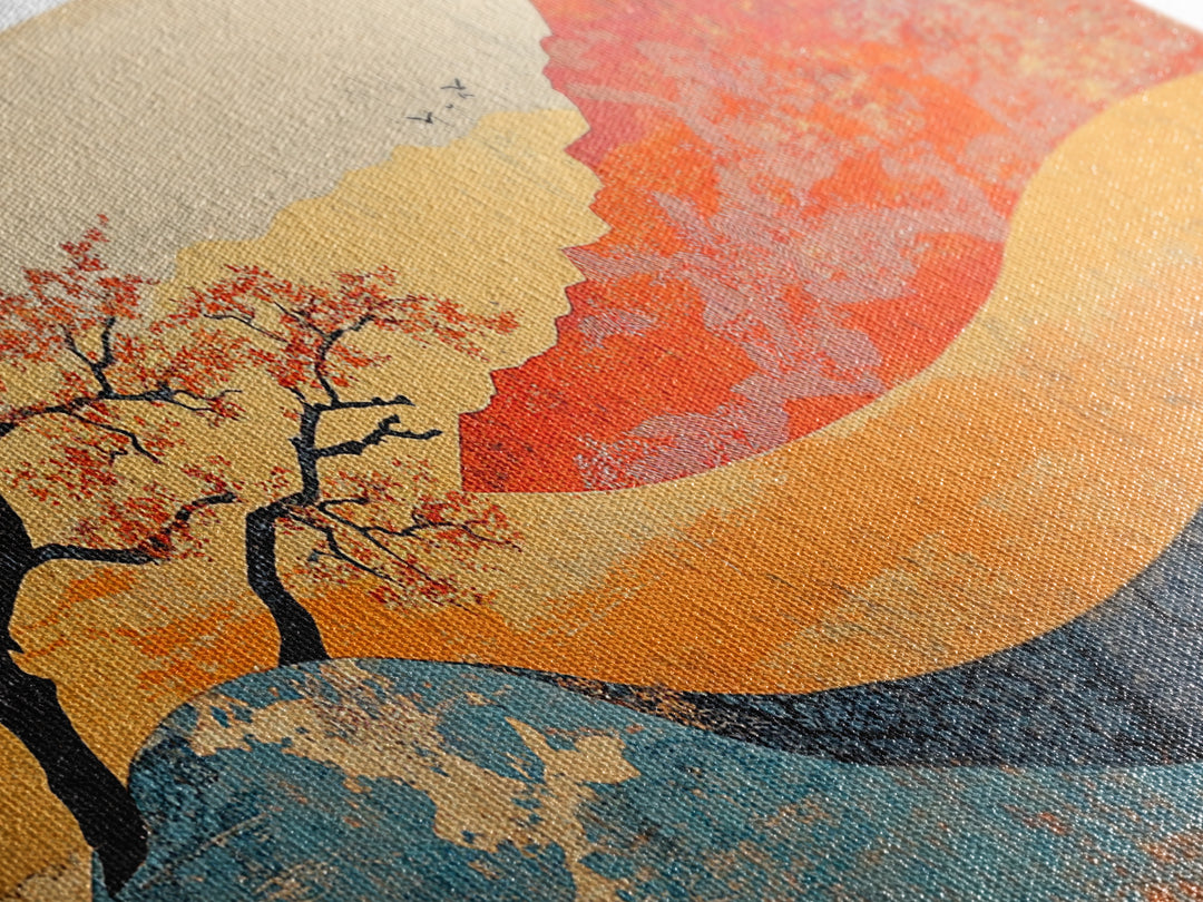 Red Mountain And Blossoming Tree Wall Art, Japanese Landscape Canvas Decor, Abstract Nature Print For Bedroom Or Office Decor
