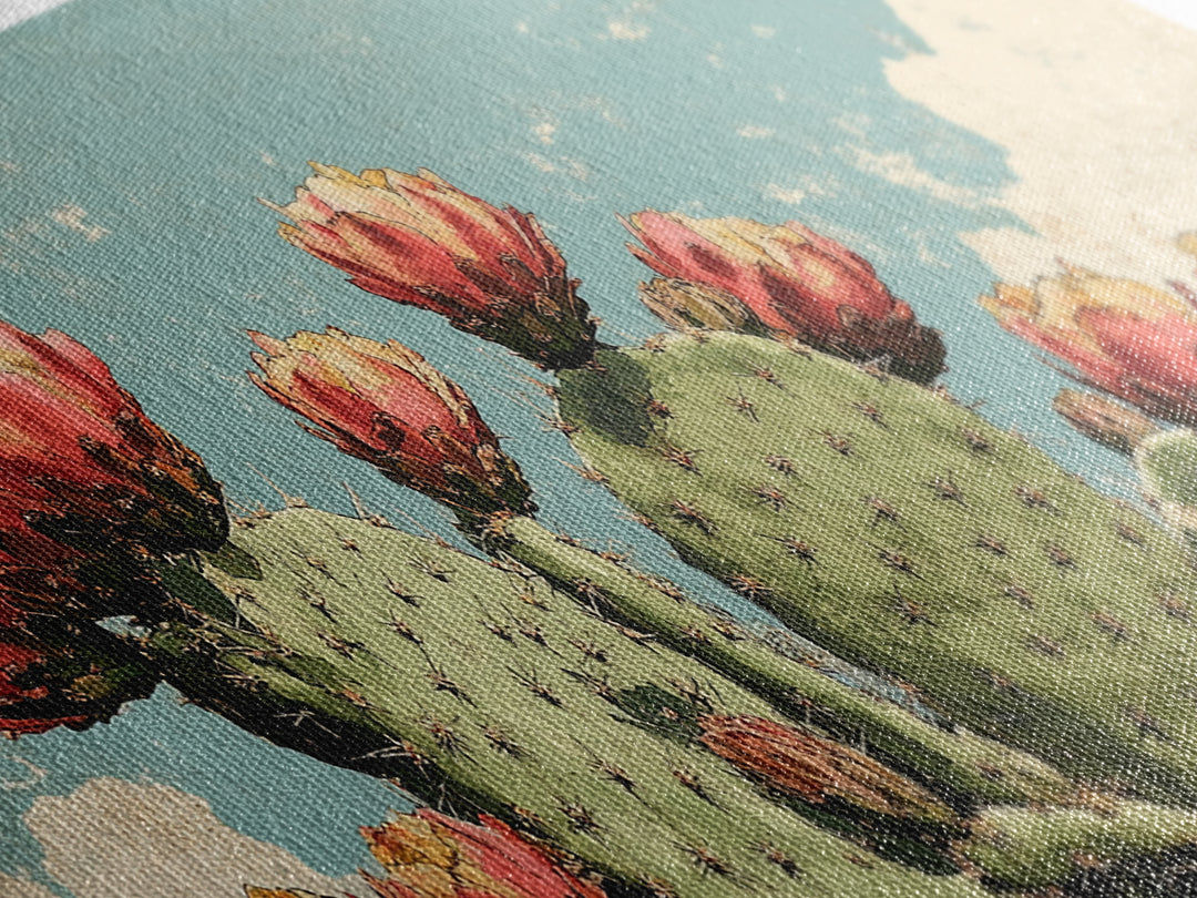 Blooming Prickly Pear Cactus Wall Art, Desert Botanical Canvas Decor, Southwestern Floral Print For Bedroom Or Living Room