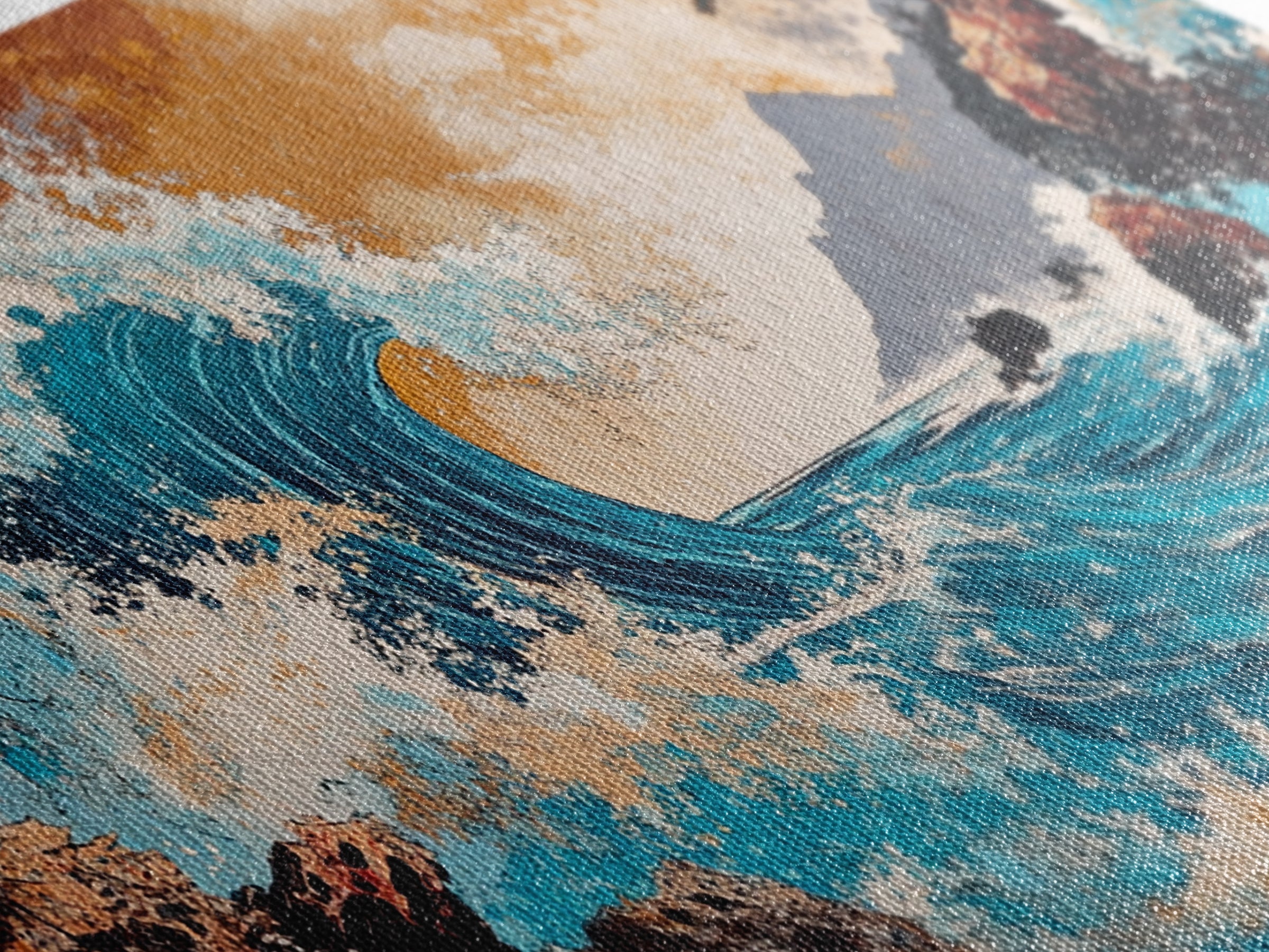 Crashing Turquoise Wave Between Rocky Cliffs Canvas Print, Japanese Ocean Wall Art, Dramatic Coastal Home Decor For Living Room