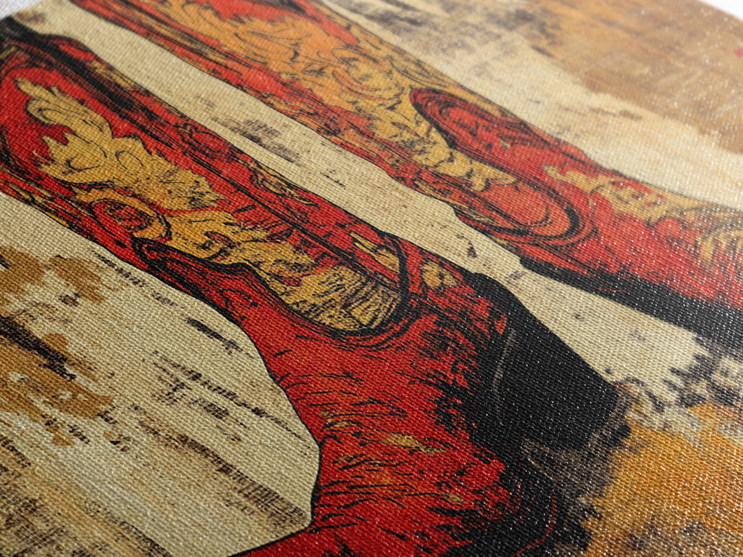 Red Embroidered Cowboy Boots Wall Art, Western Canvas Print, Cowgirl Decor, Rustic Farmhouse Gift, Statement Western Decor