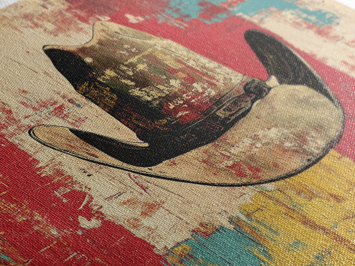 Distressed Cowboy Hat On Red Turquoise Wall Art, Western Canvas Print, Rustic Ranch Decor, Man Cave Gift, Modern Decor Print