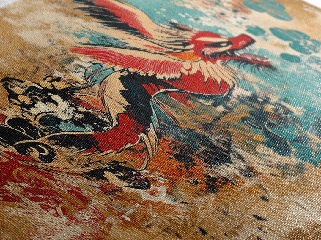 Red Asian Dragon With Teal Grunge Wall Art, Japanese Canvas Print, Fantasy Decor, Vibrant Statement Artwork Gift For Him
