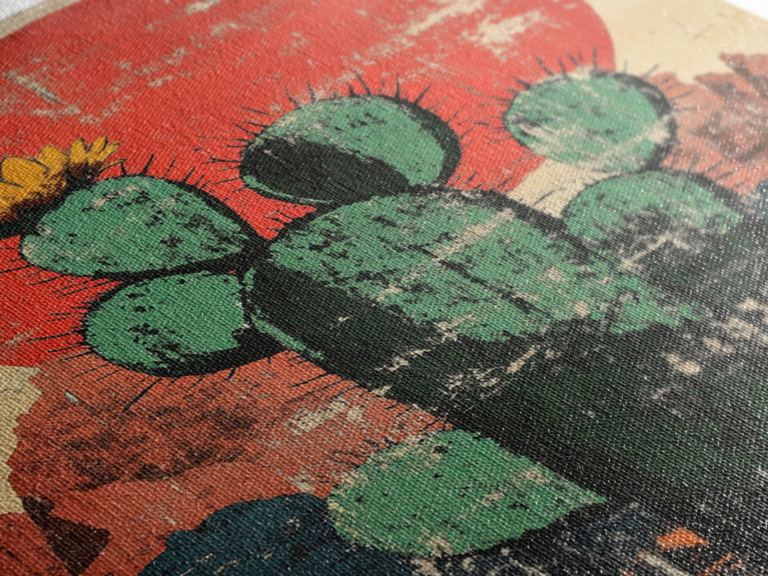 Blooming Prickly Pear Cactus At Red Sun Canvas Print, Southwestern Desert Wall Decor, Boho Western Home Decor, Arizona Art, Rustic Decor