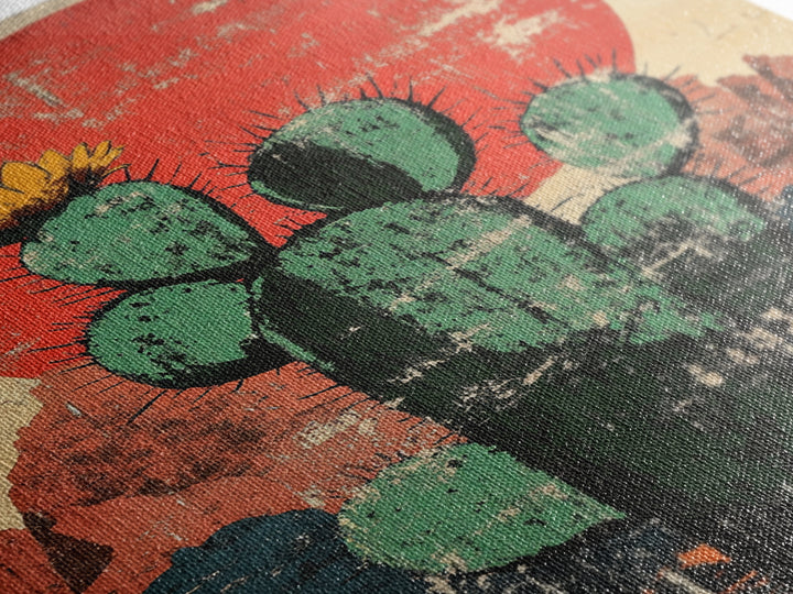Blooming Prickly Pear Cactus At Red Sun Canvas Print, Southwestern Desert Wall Decor, Boho Western Home Decor, Arizona Art, Rustic Decor