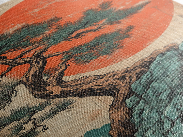 Twisted Pine Tree On Cliff With Red Sun Framed Canvas Print, Japanese Wall Art, Japandi Decor, Zen Landscape Art, Nature Home Decor