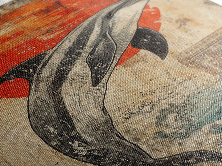 Leaping Dolphin Red Sun Wall Art, Japanese Ocean Print, Nautical Coastal Decor, Sea Life Artwork, Bathroom Canvas Print Gift