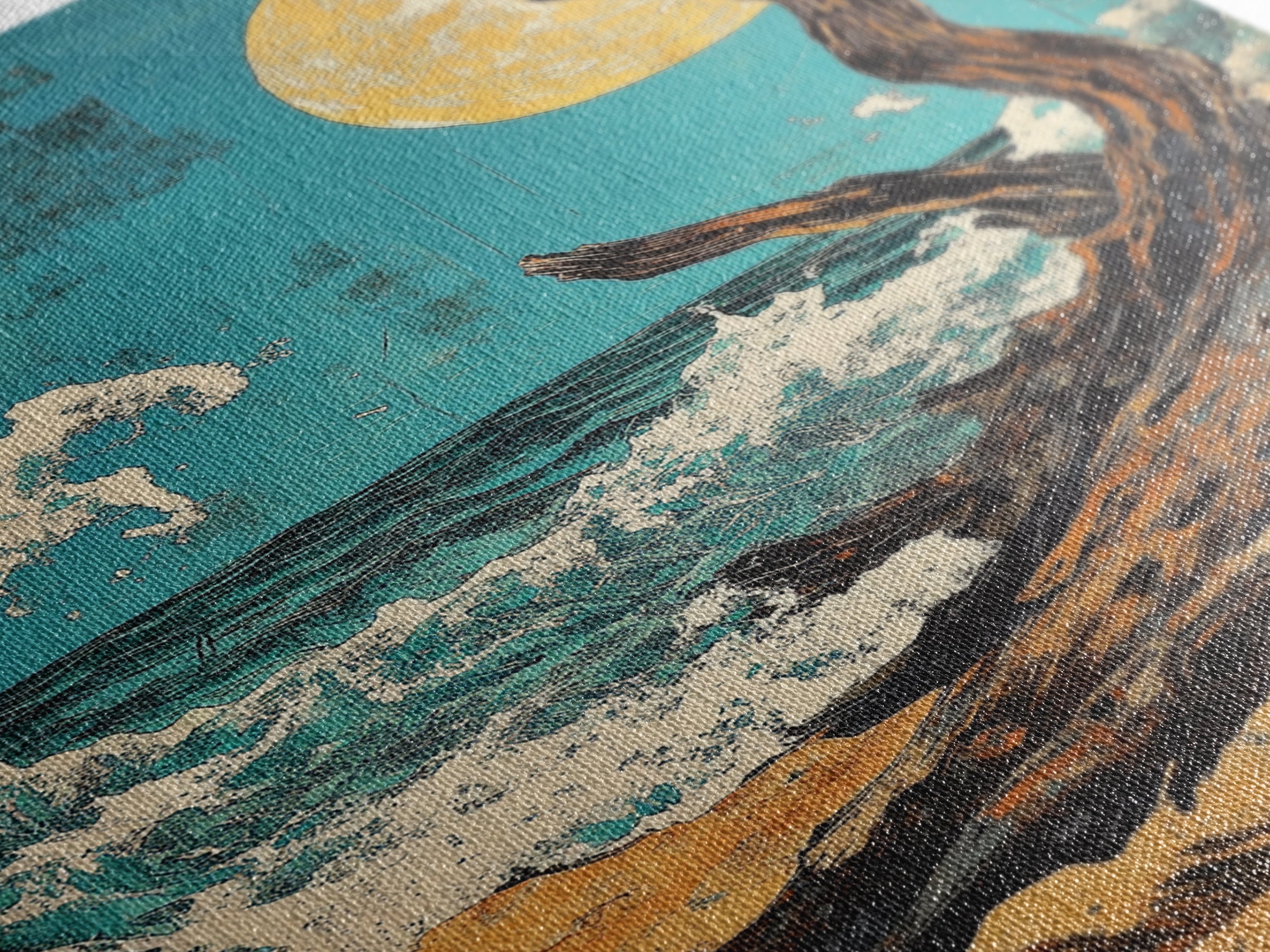 Driftwood Moonlit Ocean Waves Canvas Print, Japanese Coastal Wall Decor, Beach House Art, Teal Nautical Living Room Decor