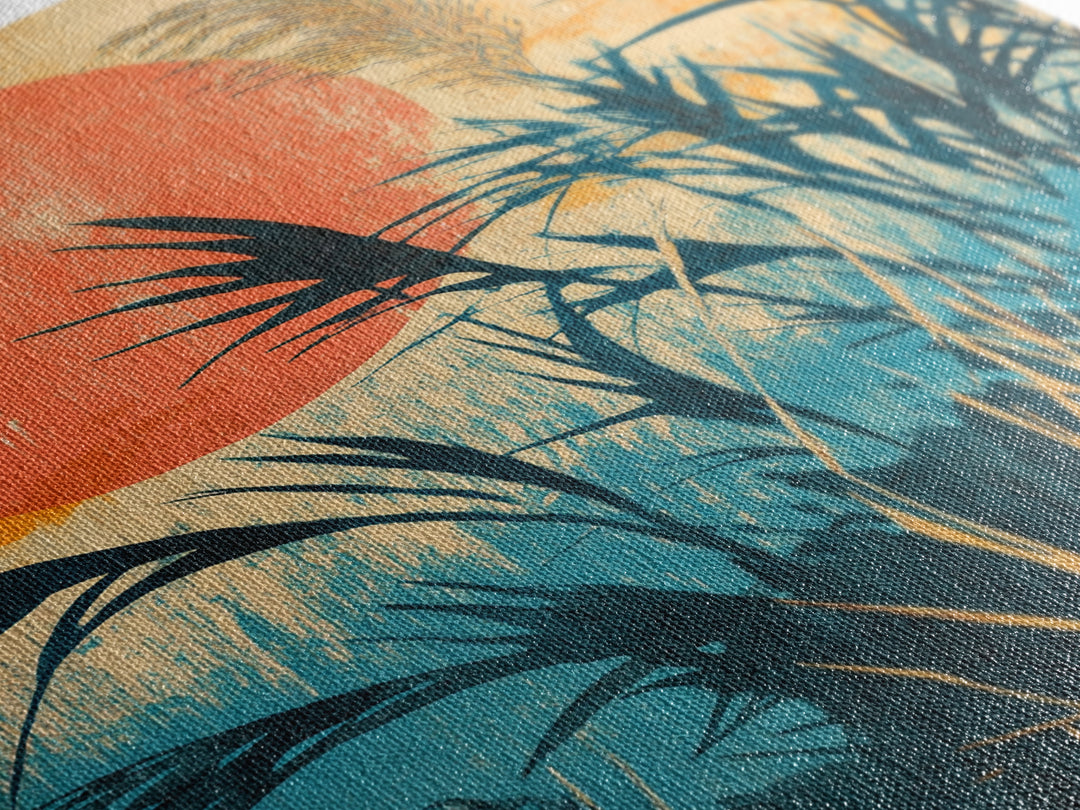 Tropical Reeds Orange Sun Canvas Print, Boho Coastal Wall Decor, Botanical Nature Art For Bedroom And Living Room Decor Gift