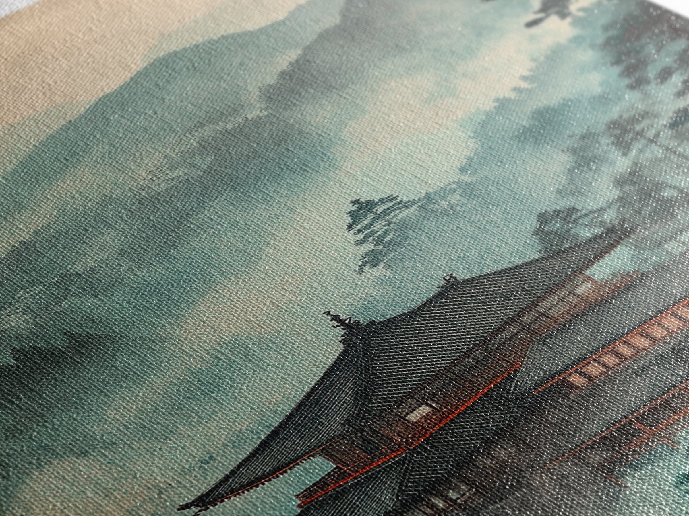 Misty Japanese Temple In Teal Mountains Wall Art, Asian Landscape Print, Japandi Decor, Zen Home Decor, Living Room Wall Art