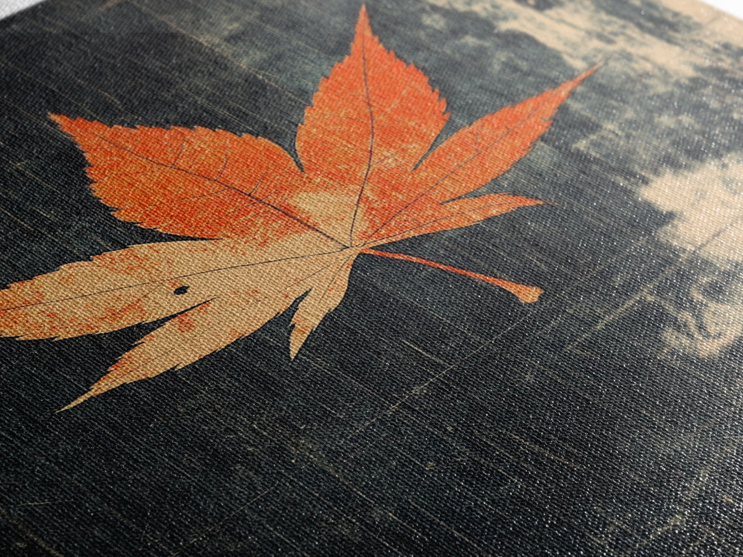 Orange Maple Leaf On Dark Texture Canvas Print, Autumn Wall Art, Botanical Print, Minimalist Decor, Nature Wall Art, Fall Decor