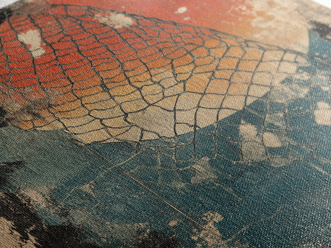 Fishing Net Abstract Wall Art, Red Sun Coastal Canvas Print, Nautical Wall Decor, Modern Rustic Home Decor, Beach House Decor