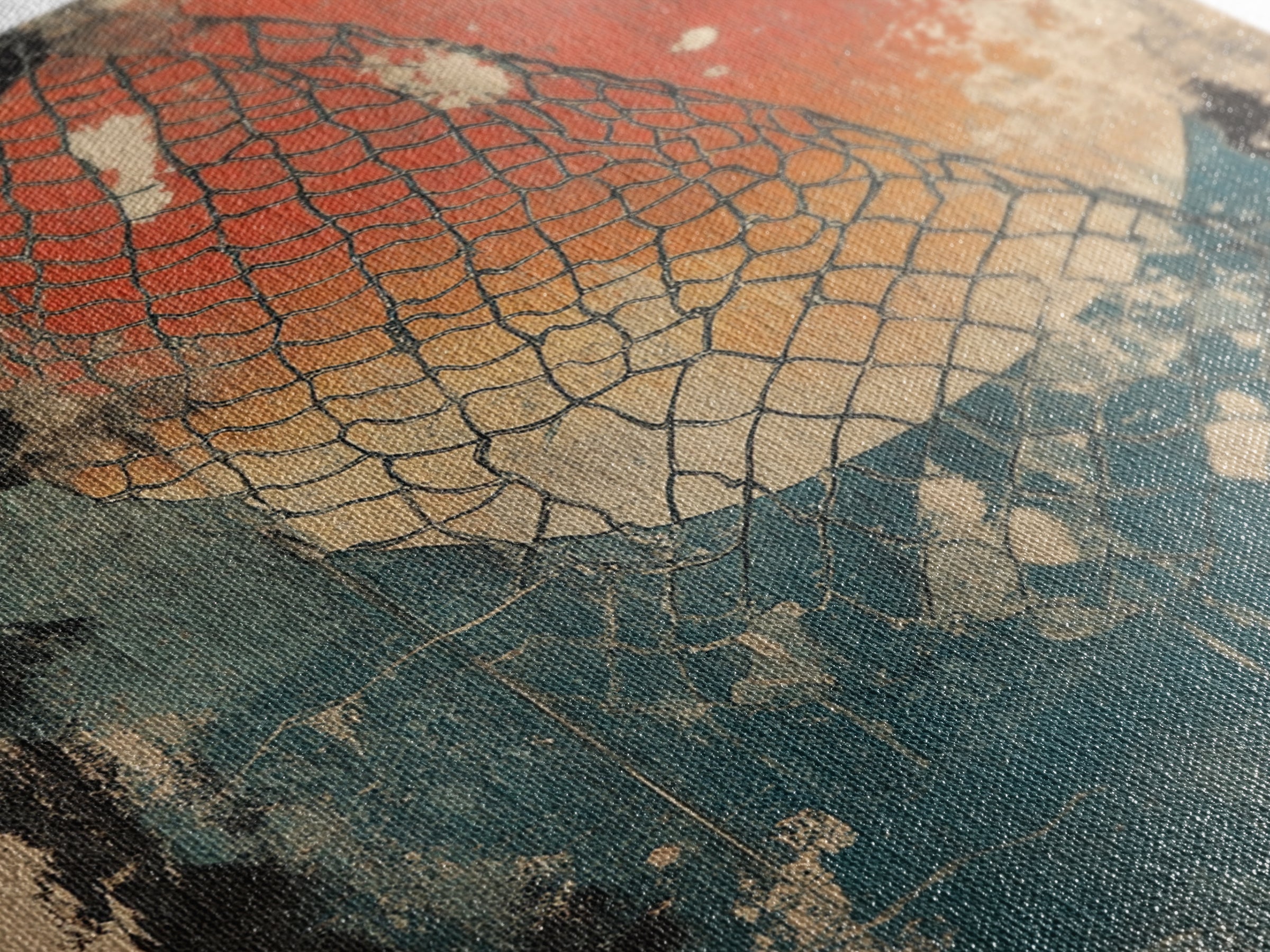 Fishing Net Abstract Wall Art, Red Sun Coastal Canvas Print, Nautical Wall Decor, Modern Rustic Home Decor, Beach House Decor