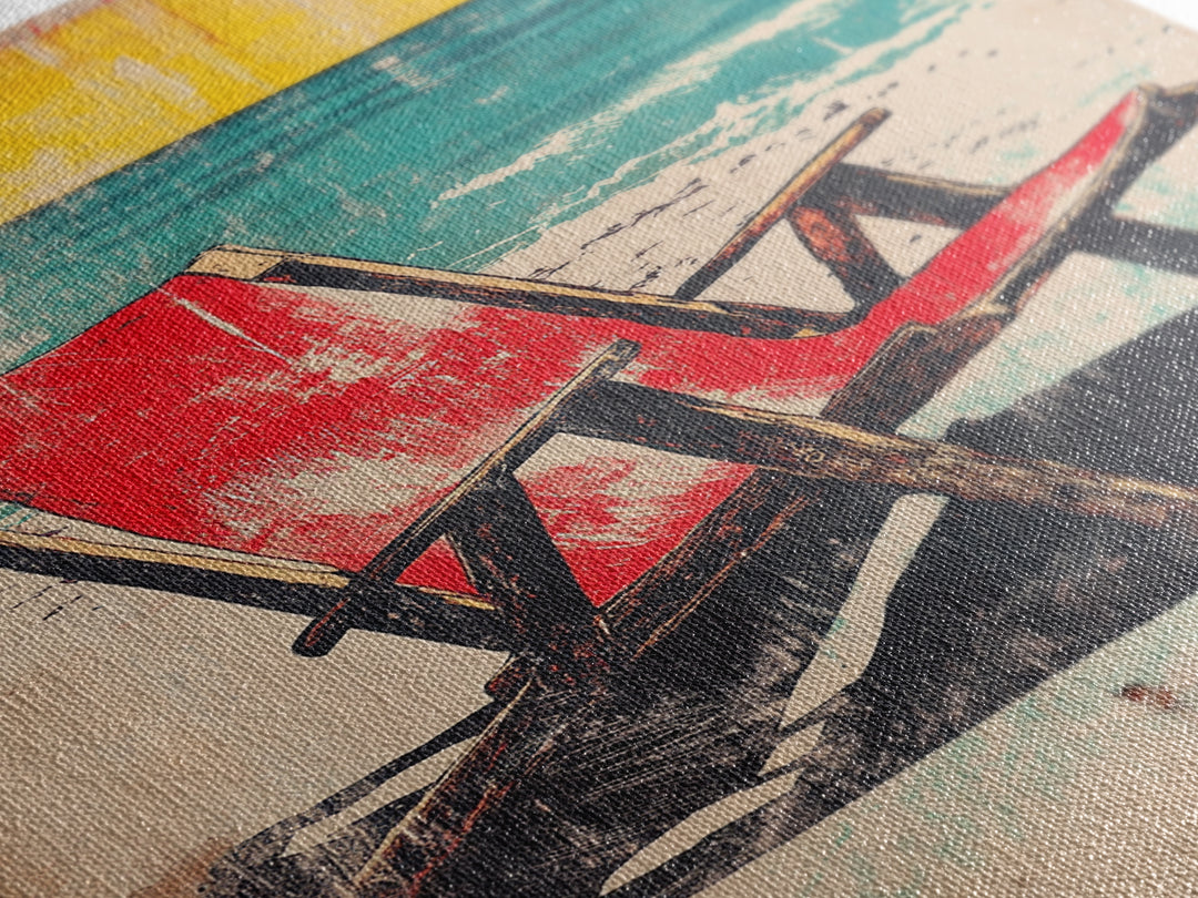 Red Beach Chair Wall Art, Turquoise Ocean Canvas Print, Retro Coastal Decor, Summer Beach House Gift For Her, Living Room Decor