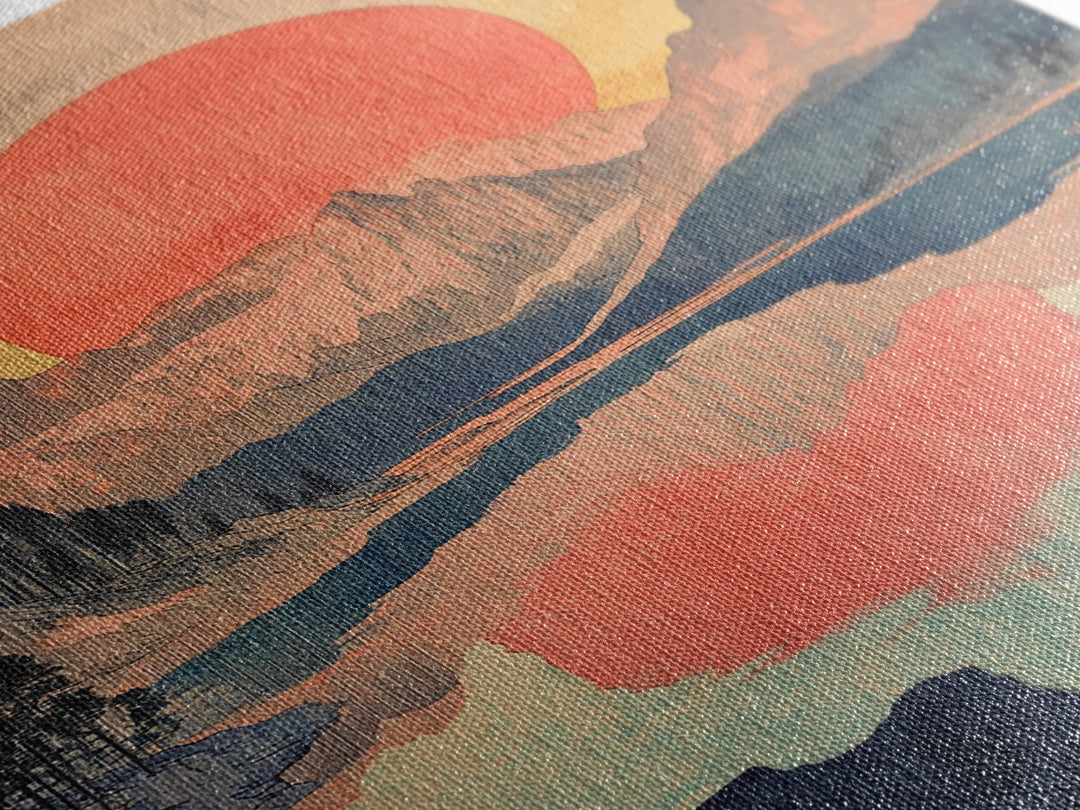 Red Sun Mountain Lake Wall Art, Japanese Landscape Print, Retro Nature Poster, Scenic Living Room Decor, Large Canvas Art