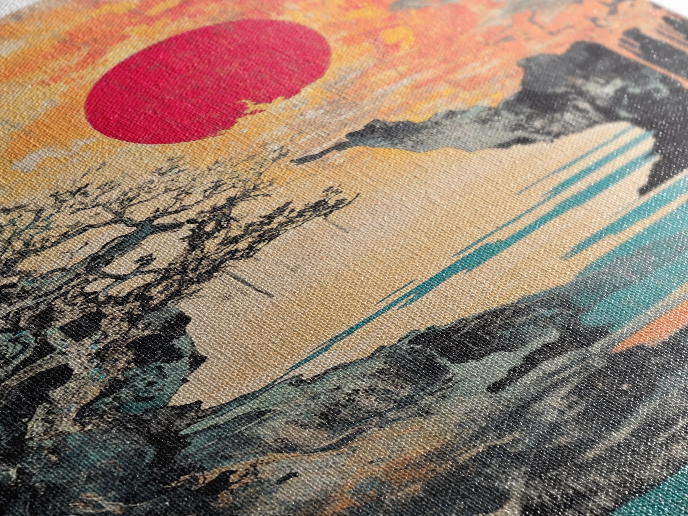 Dramatic Rocky Cove Sunset Red Sun Canvas Print, Japanese Mountain Landscape Art, Coastal Wall Decor, Modern Japandi Living Room Art