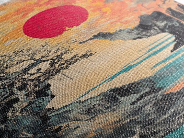 Dramatic Rocky Cove Sunset Red Sun Canvas Print, Japanese Mountain Landscape Art, Coastal Wall Decor, Modern Japandi Living Room Art