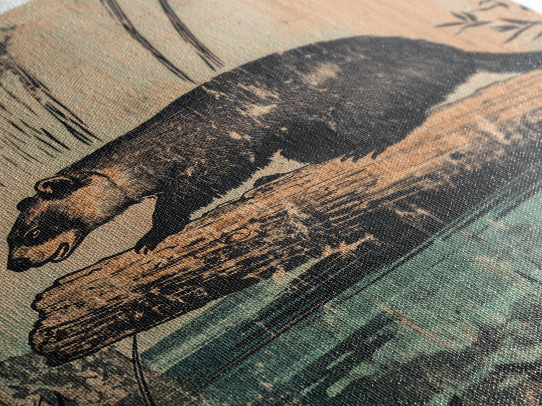 Black Bear On Log Wall Art, Rustic Wildlife Painting Style, Woodland Animal Decor, Cabin Nature Art Print For Living Room