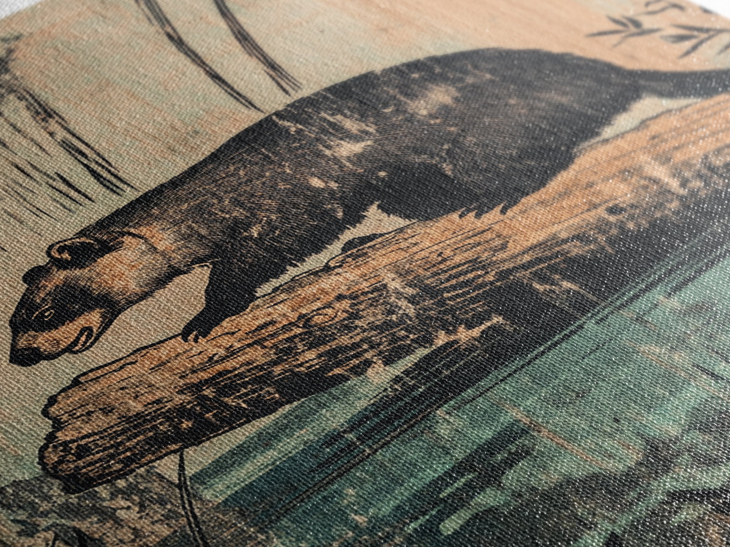 Black Bear On Log Wall Art, Rustic Wildlife Painting Style, Woodland Animal Decor, Cabin Nature Art Print For Living Room