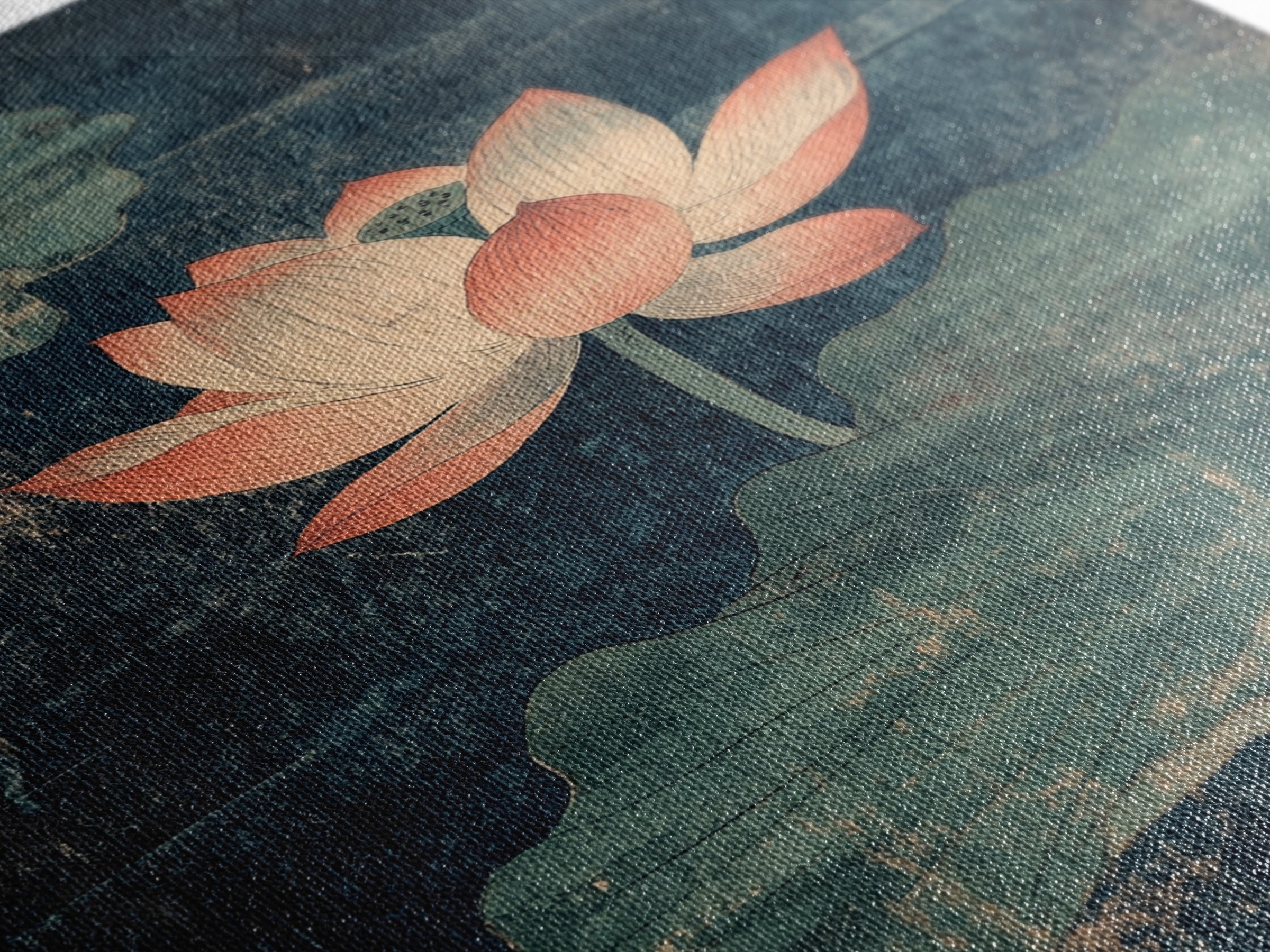 Pink Lotus Pond Wall Art, Dark Teal Botanical Canvas Print, Zen Water Lily Decor, Asian Inspired Spa And Meditation Room