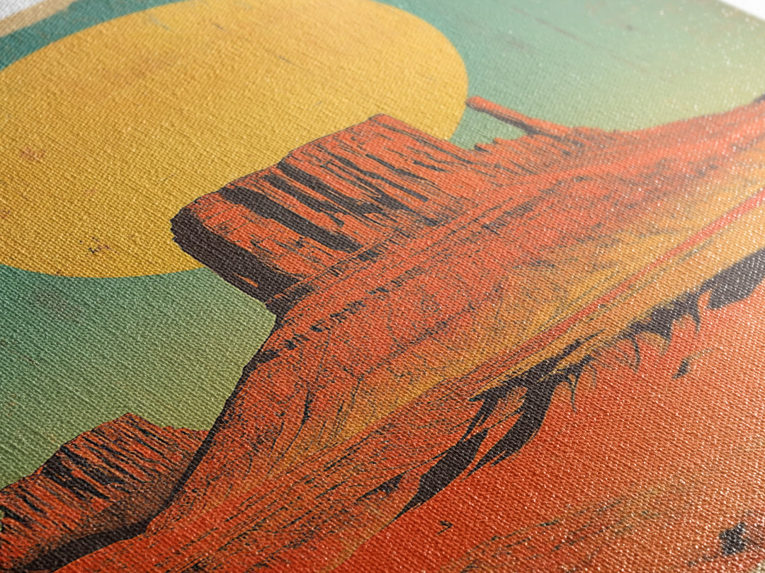 Desert Mesa With Golden Sun Canvas Print, Southwestern Wall Art, Retro Western Landscape Poster, Boho Earth Tone Decor Gift