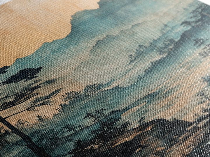 Blue Mist Mountain Landscape Wall Art, Japanese Ink Painting Print, Zen Nature Wall Decor, Japandi Living Room Decor Gift