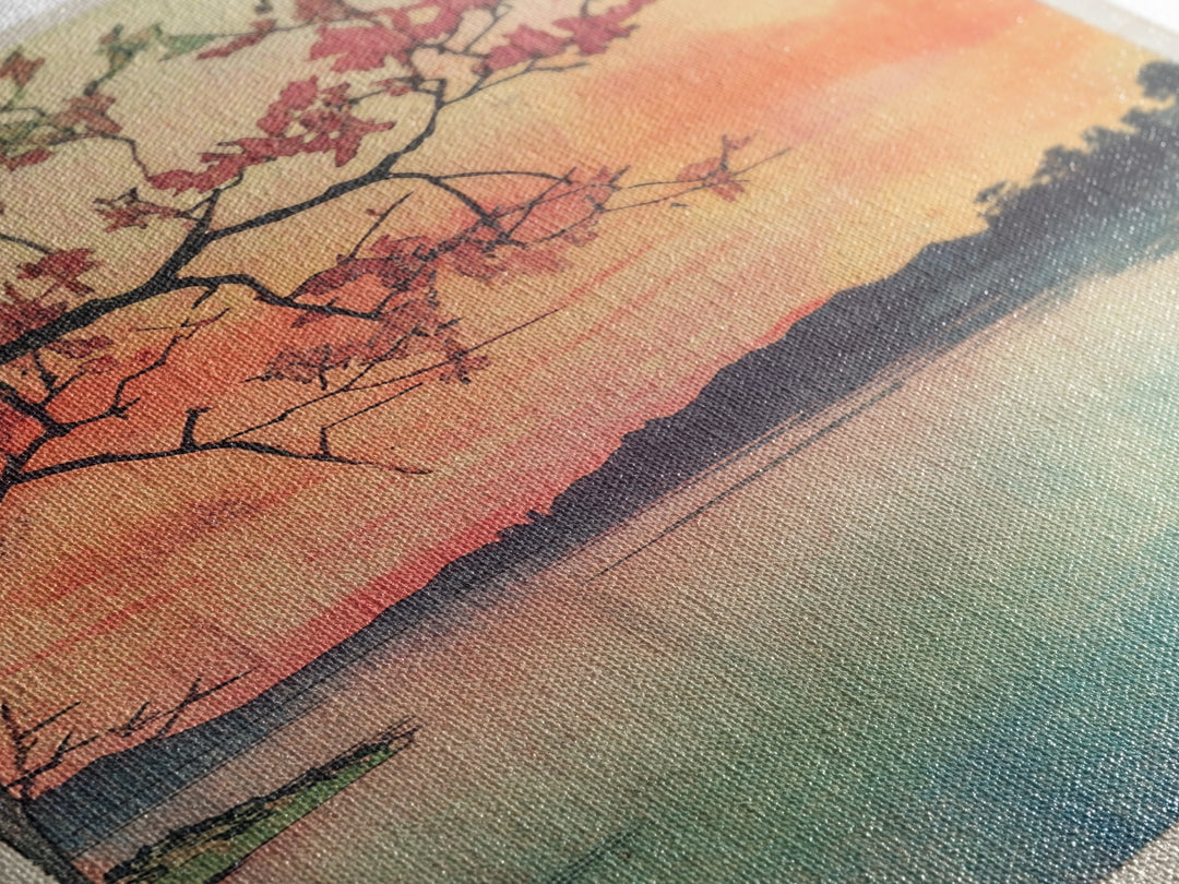 Cherry Blossom Lake Wall Art, Japanese Sunset Canvas Print, Serene Landscape Decor, Pink Floral Art, Bedroom Wall Decor Print