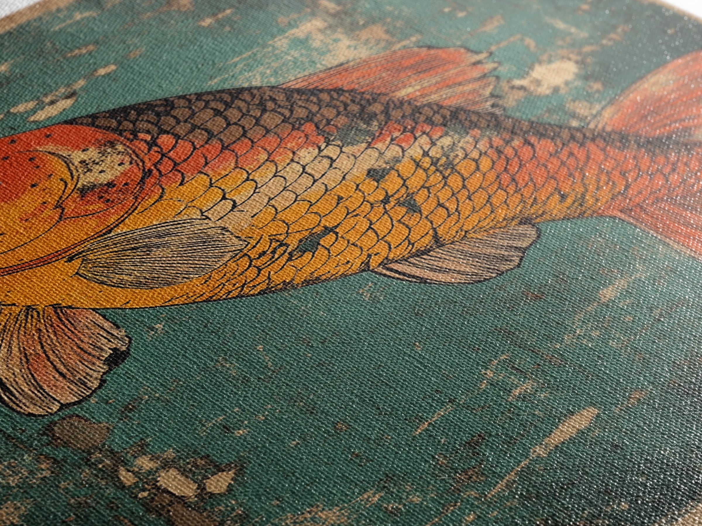 Orange Koi Fish Canvas Print, Japanese Animal Wall Art, Teal Blue Aquarium Decor, Nautical Coastal Gift For Fish Lover Home