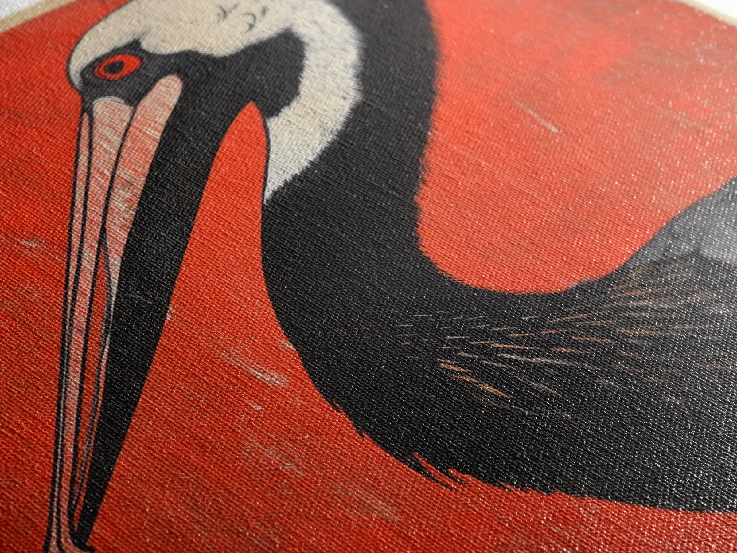 Black Necked Crane Bird On Red Japanese Canvas Print Wildlife Wall Art, Asian Decor, Bold Animal Art Poster Gift For Bird Lovers