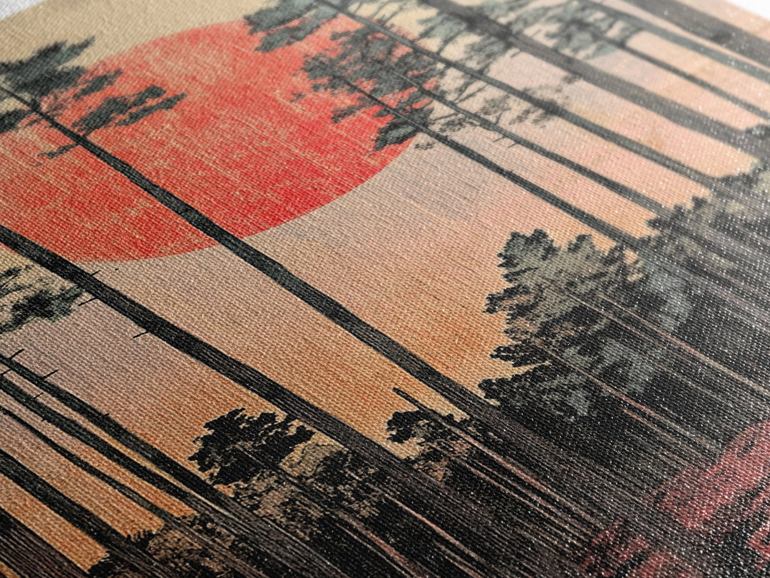 Tall Pine Forest Red Sun Japanese Landscape Wall Art, Japandi Decor, Nature Print, Large Living Room Wall Decor Poster Gift