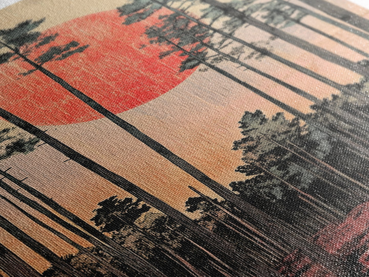 Tall Pine Forest Red Sun Japanese Landscape Wall Art, Japandi Decor, Nature Print, Large Living Room Wall Decor Poster Gift