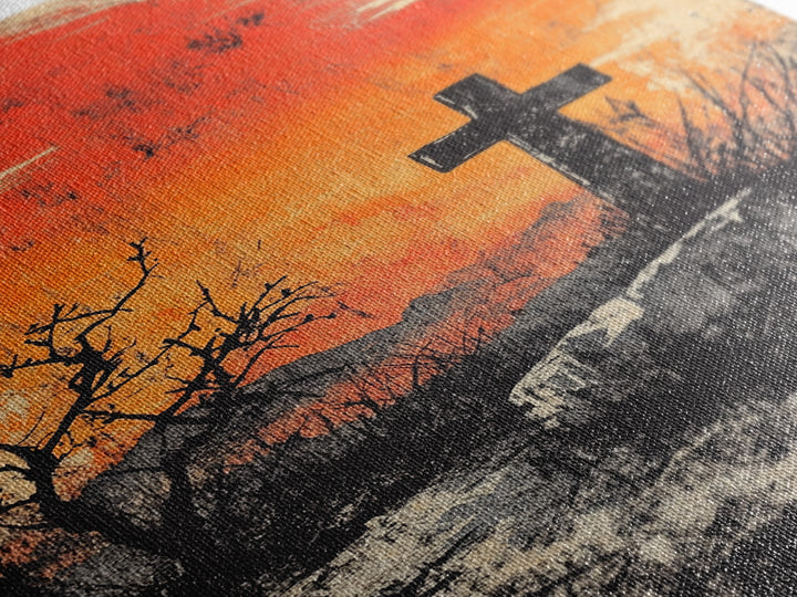 Black Cross At Fiery Sunset Framed Canvas Print, Christian Wall Art, Rustic Landscape, Faith Gift, Moody Home Decor Art