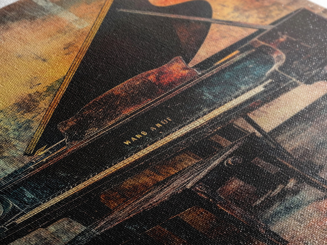 Moody Grand Piano In Warm Abstract Studio Canvas Print, Music Room Decor, Jazz Art Print, Modern Wall Art, Gift For Music Lover