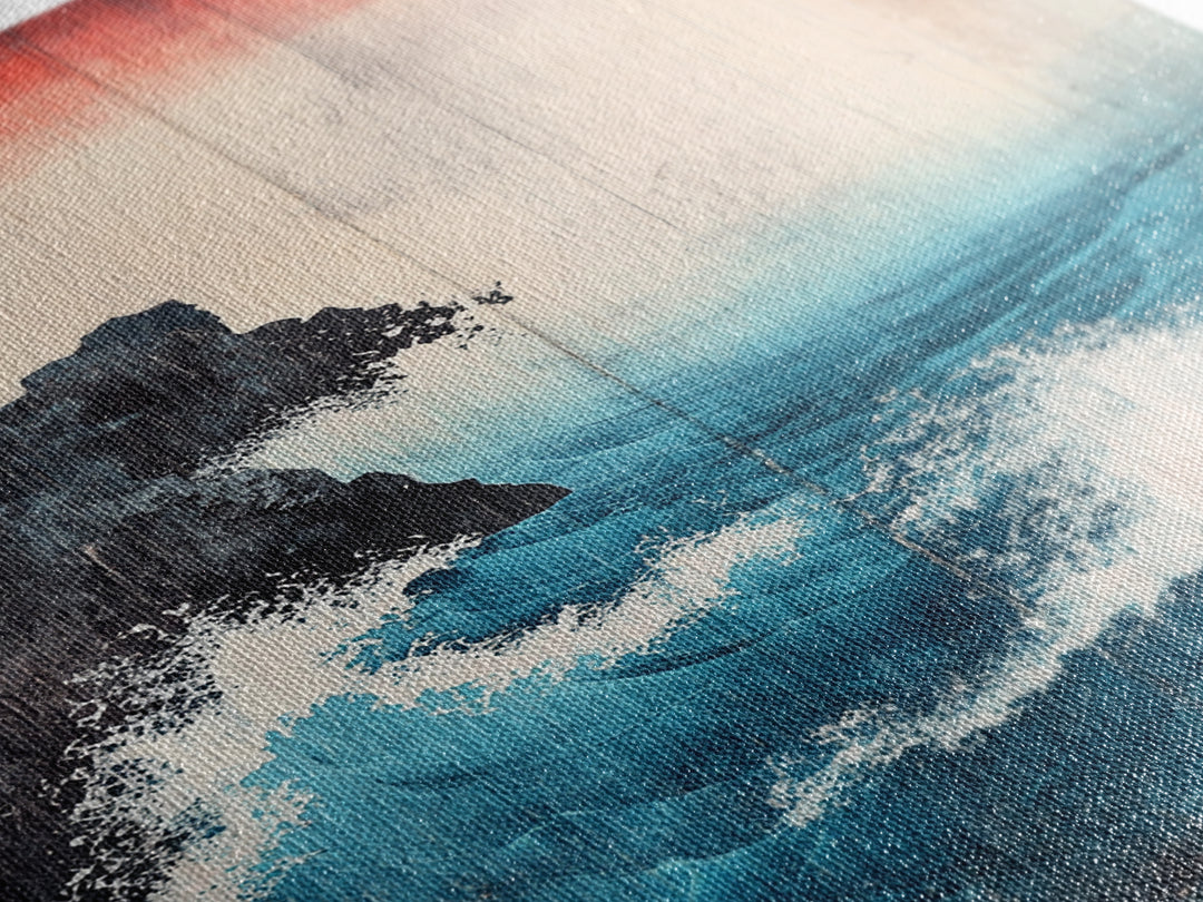 Dramatic Blue Wave And Cliff Canvas Print, Japanese Seascape Wall Decor, Coastal Ocean Art For Living Room Decor, Beach House Gift