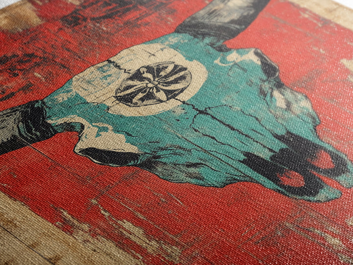 Turquoise Bull Skull On Red Rustic Wood Wall Art, Western Wall Decor, Southwestern Canvas, Tribal Home Decor For Living Room