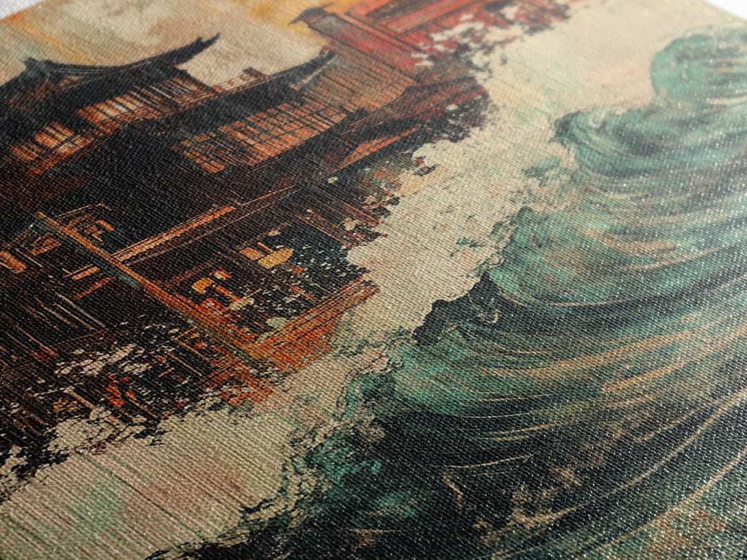 Japanese Pagoda Village With Crashing Wave Wall Art, Coastal Wall Decor, Asian Inspired Art, Dramatic Canvas Print For Living Room