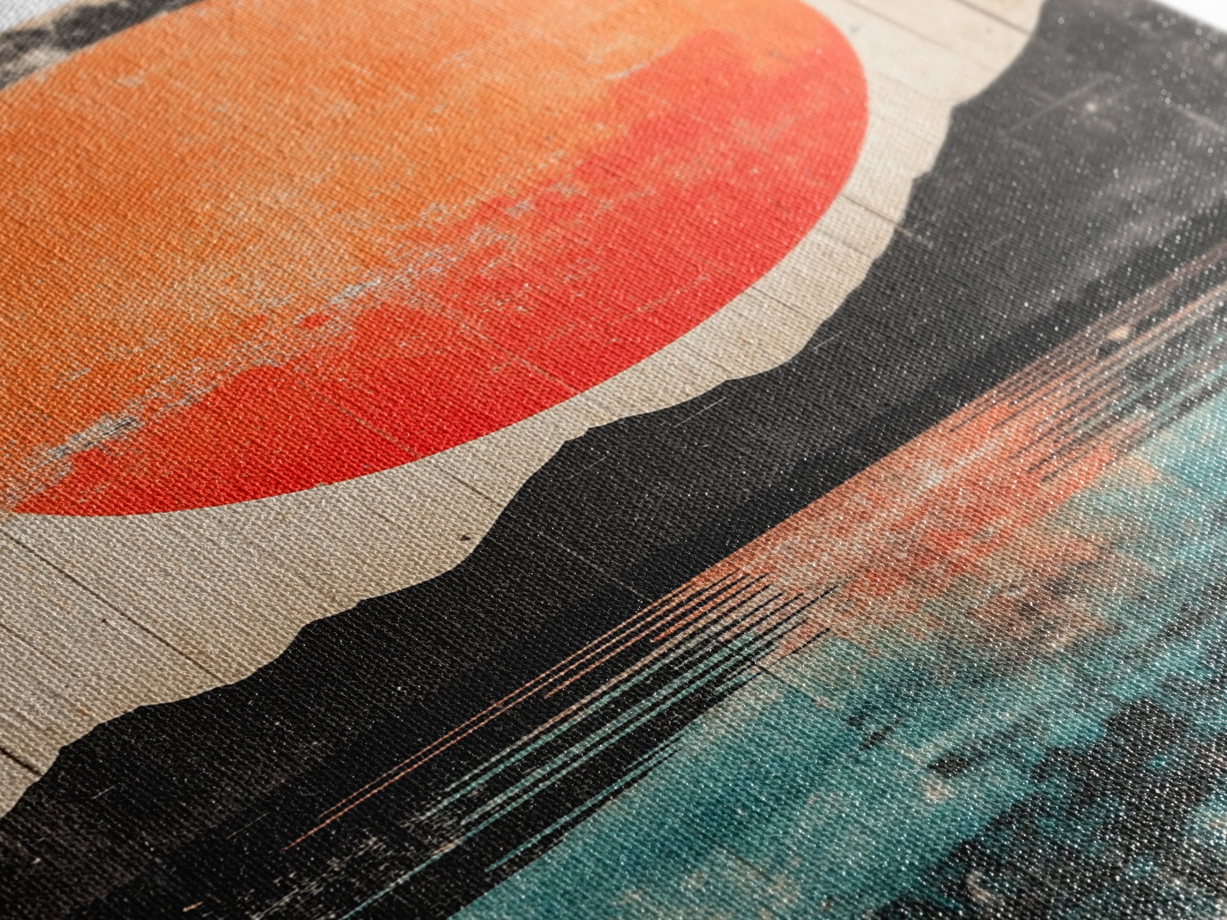 Giant Orange Sun Over Mountain Lake Wall Art, Japanese Wall Decor, Modern Landscape, Teal Canvas Print For Living Room Decor