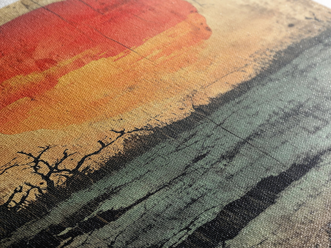 Large Orange Sun Over Barren Wetland Wall Art, Abstract Landscape, Moody Nature Print, Rustic Canvas For Living Room Decor