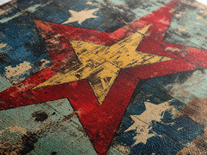 Weathered Red Star Wall Art, Rustic Americana Wood Panel Canvas Print, Patriotic Farmhouse Decor For Living Room Home Decor