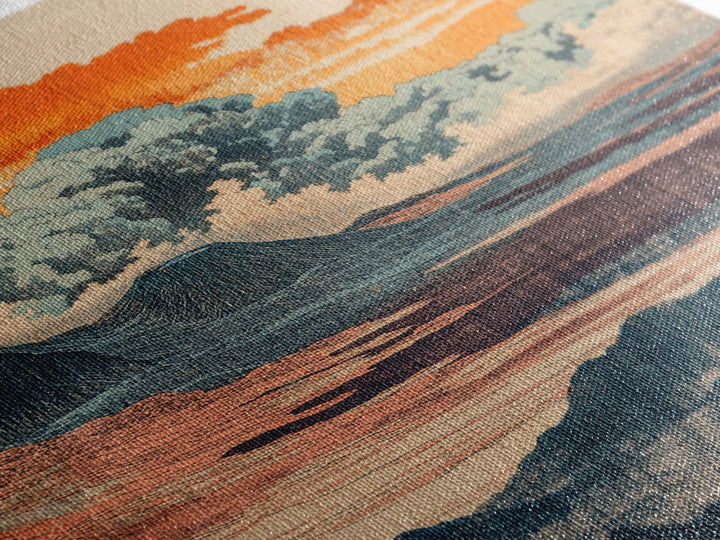 Orange Clouds Over Abstract Sea And Hills Wall Art, Japanese Landscape Print, Mid Century Modern Decor, Boho Living Room Art