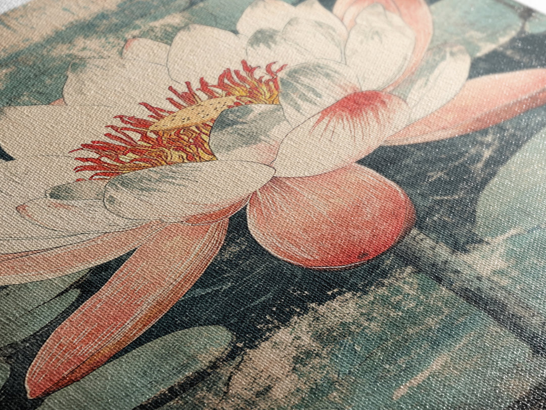 Pink Lotus Flower Botanical Wall Art, Japanese Canvas Print, Water Lily Pond Decor, Japandi Nature Art For Bedroom Decor