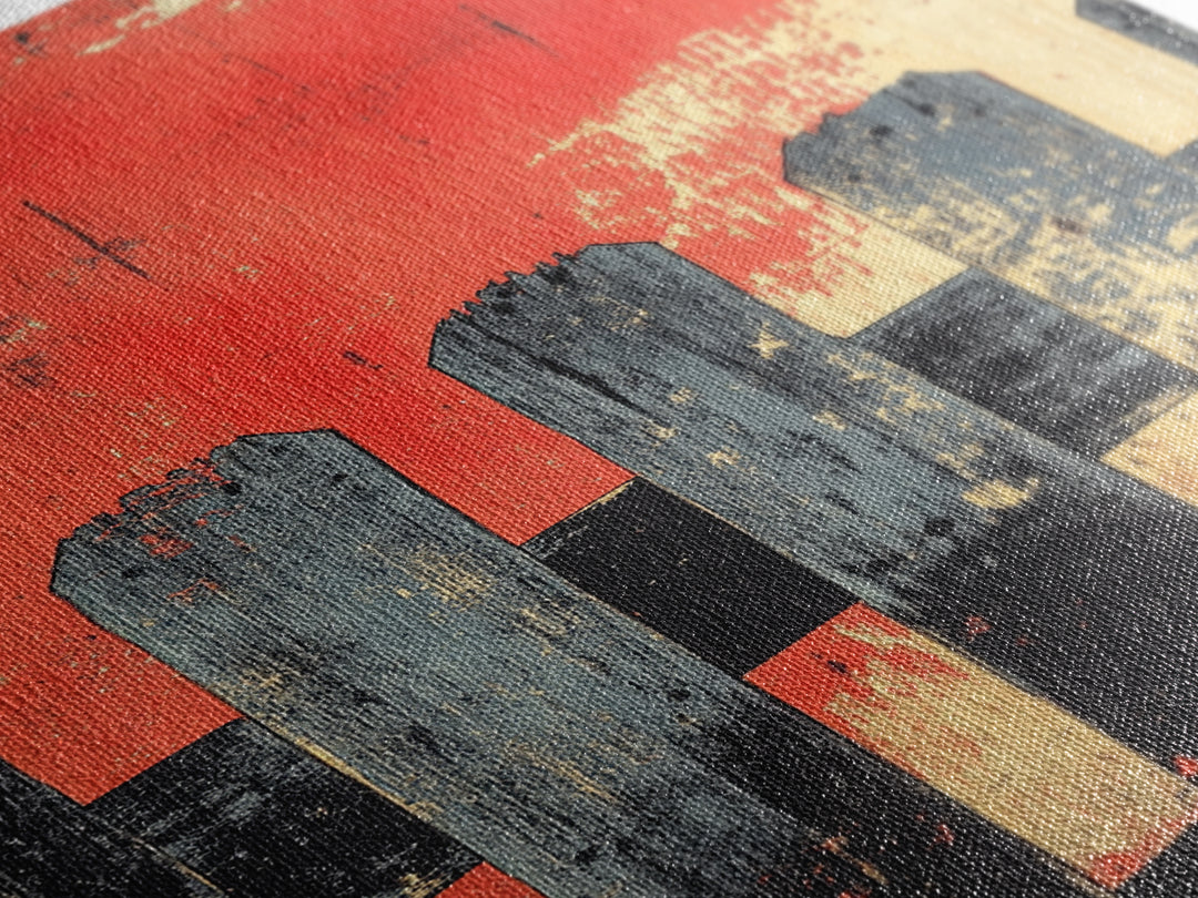 Black Picket Fence On Red Background Wall Art, Rustic Abstract Print, Farmhouse Wall Decor, Modern Canvas Print, Bold Home Decor
