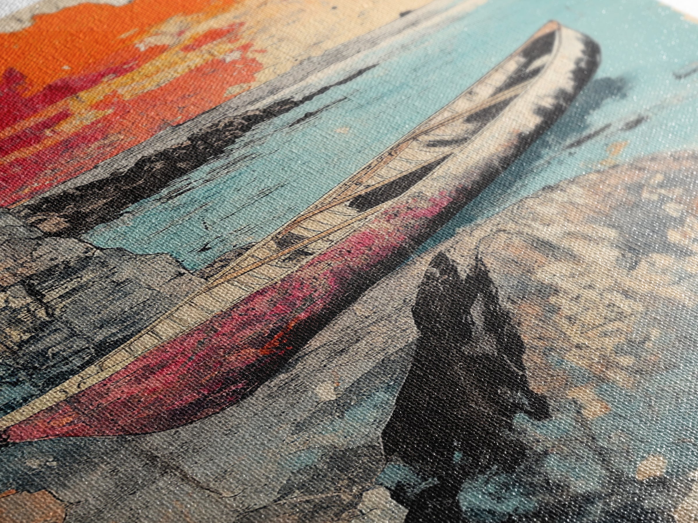 Weathered Canoe And Sea Cliffs Wall Art, Japanese Coastal Print, Ocean Landscape Decor, Nautical Living Room Wall Art, Home Decor