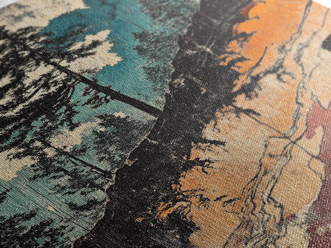 Teal Forest Cliff Abstract Landscape Wall Art, Japanese Woodblock Canvas Print, Rustic Nature Decor, Modern Living Room Decor
