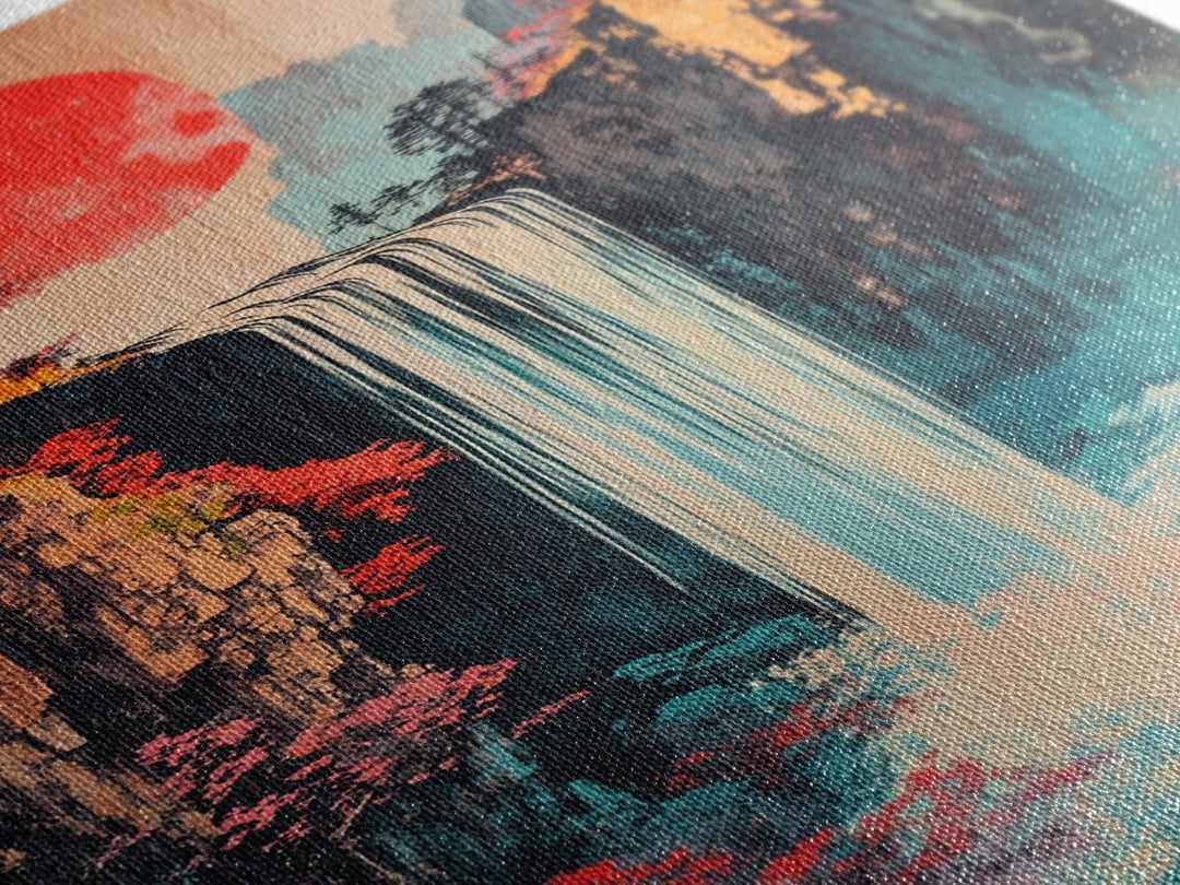 Red Sun Waterfall Mountain Landscape Wall Art, Japanese Woodblock Print Style, Teal Coastal Decor, Zen Living Room Art Print
