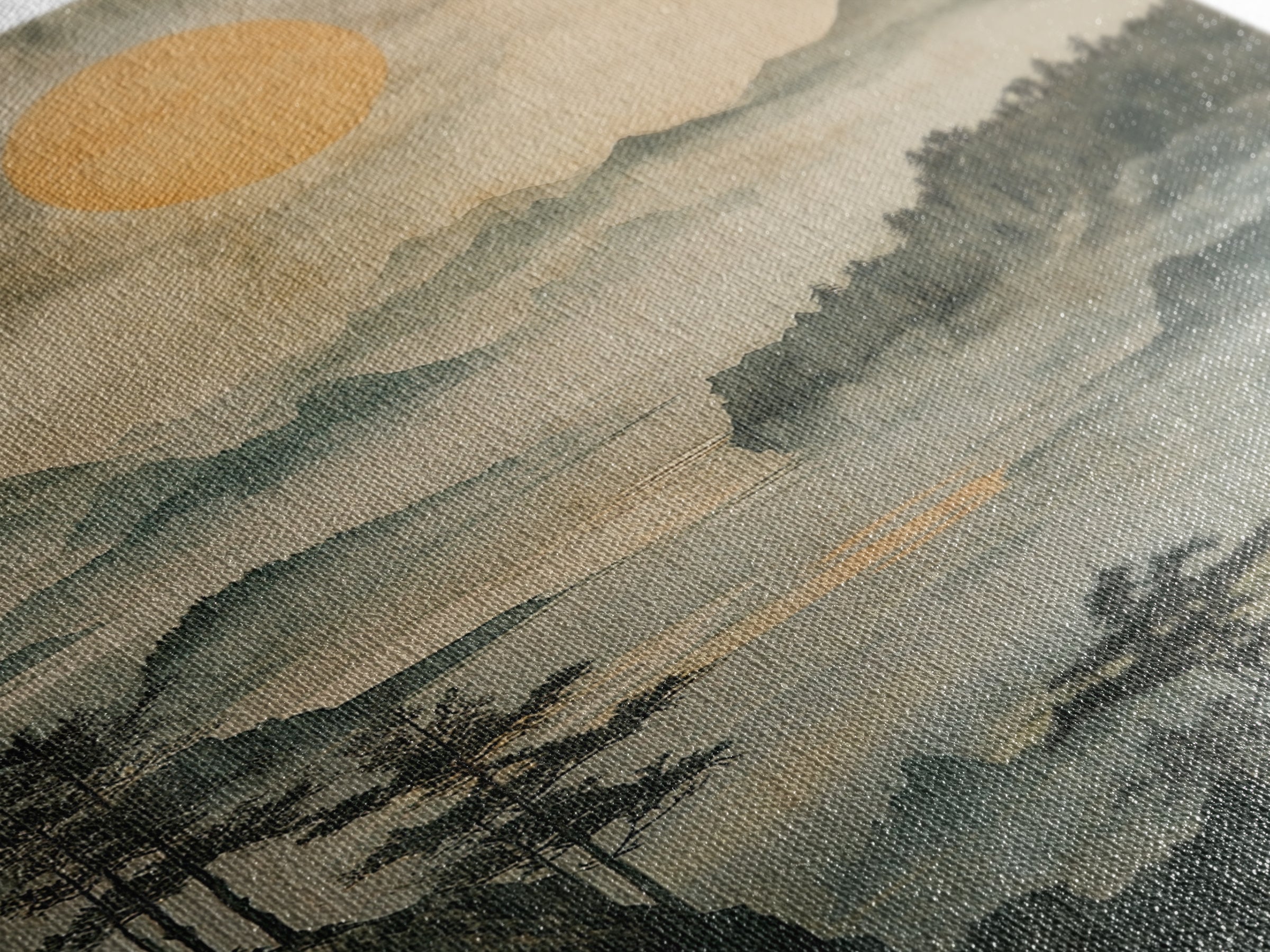 Misty Mountain Lake With Golden Sun Wall Art, Japanese Landscape Canvas Print, Serene Forest Decor, Japandi Home Decor Gift