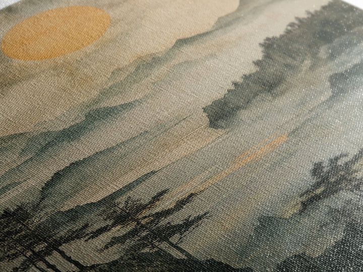 Misty Mountain Lake With Golden Sun Wall Art, Japanese Landscape Canvas Print, Serene Forest Decor, Japandi Home Decor Gift