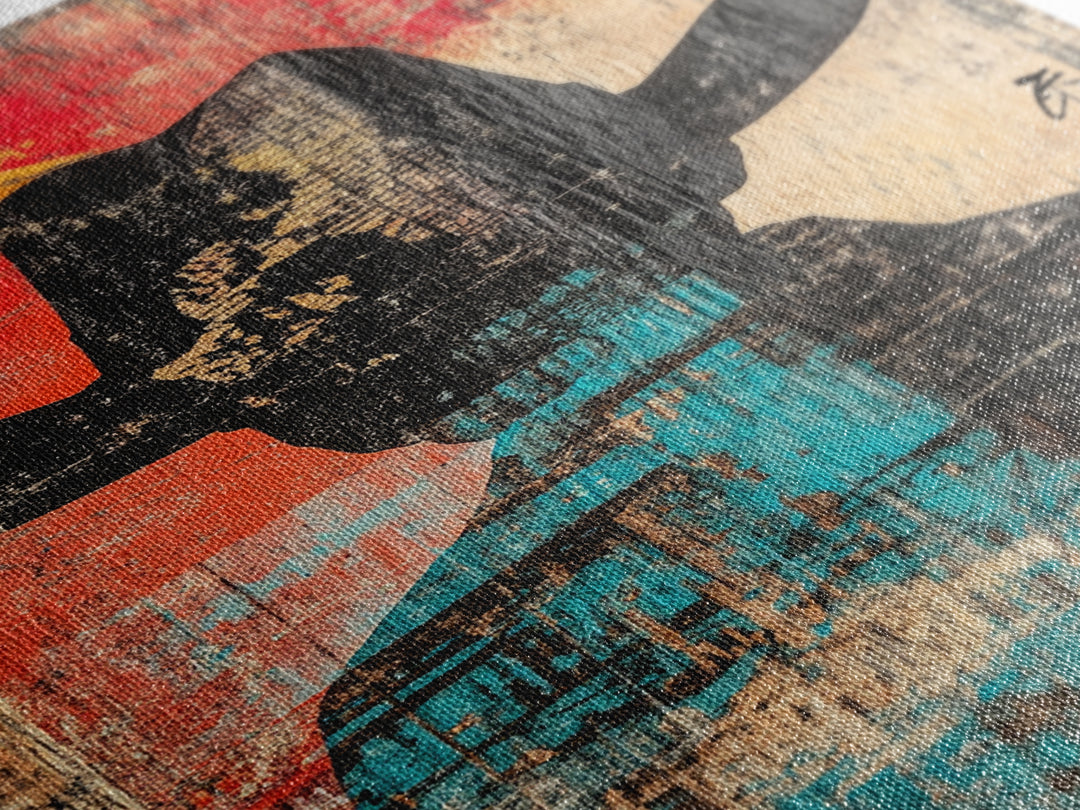 Abstract Cowboy Silhouette Wall Art, Western Canvas Print, Bold Red Teal Rustic Decor, Masculine Southwest Living Room Art