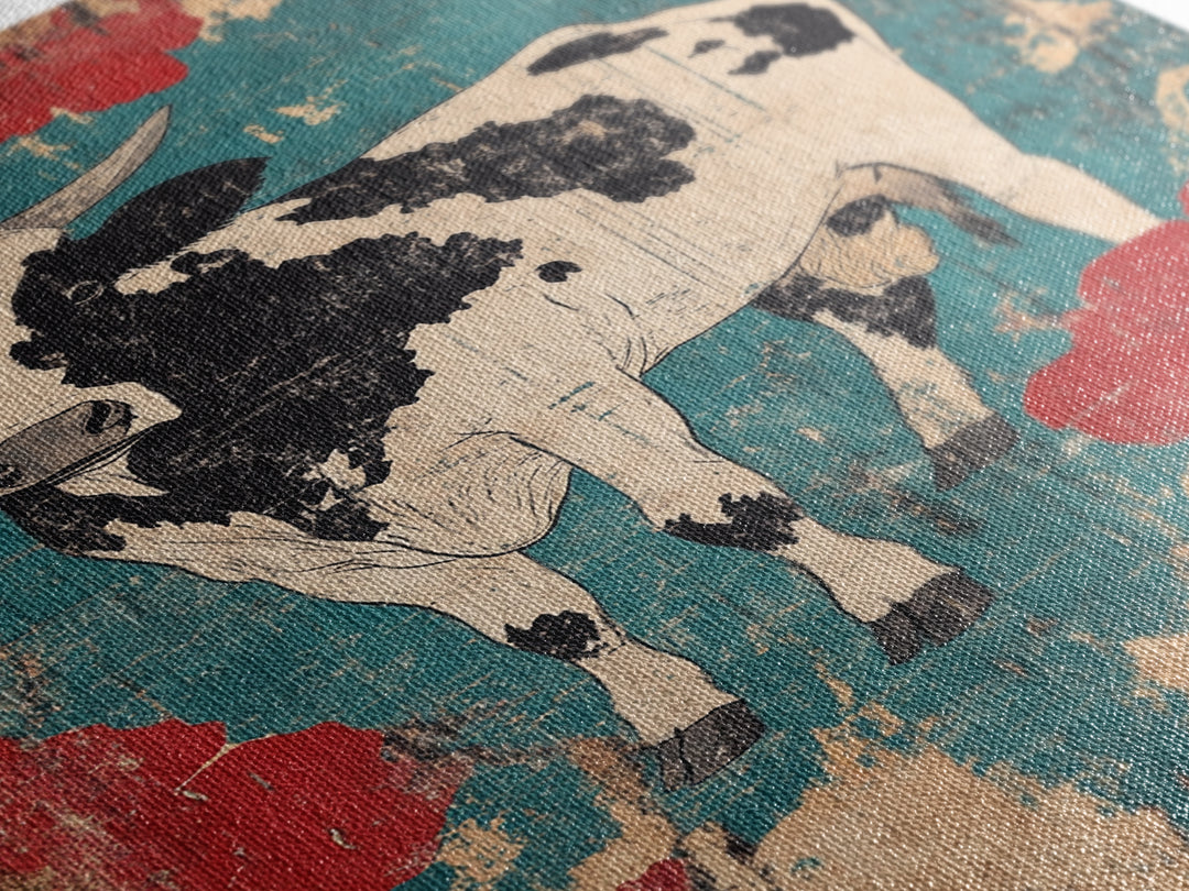 Black And White Cow Wall Art, Floral Farmhouse Canvas Print, Rustic Animal Decor, Teal Red Kitchen Living Room Art, Home Decor