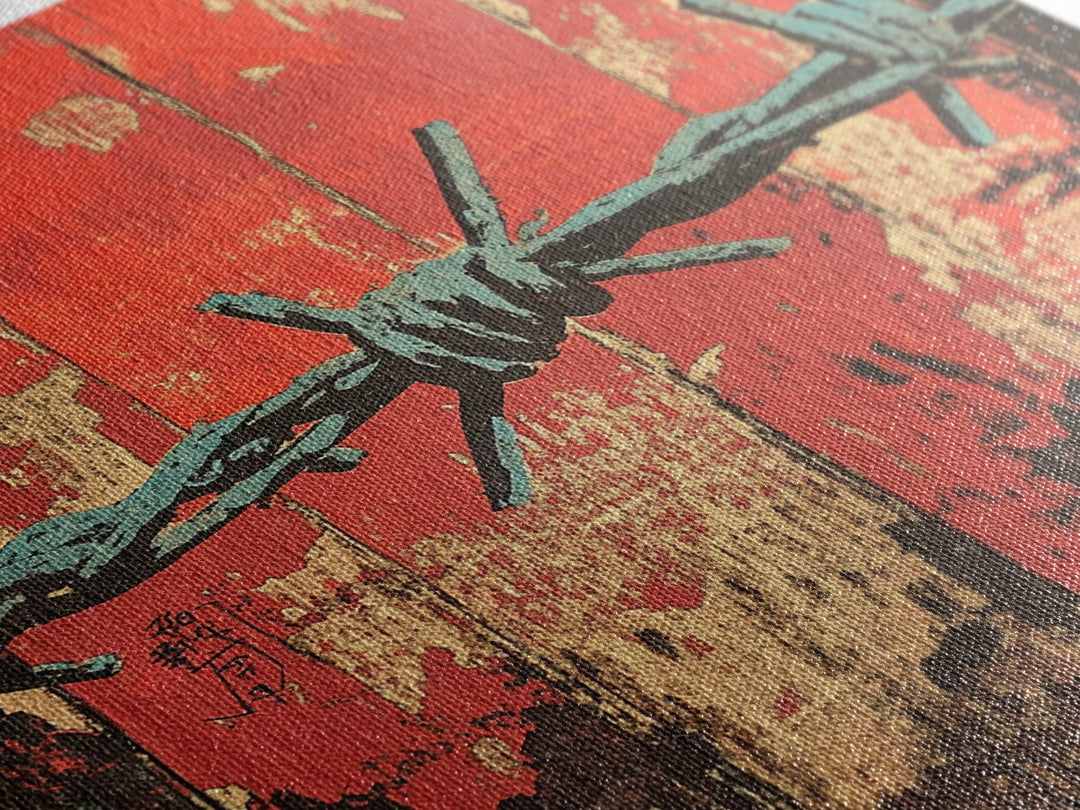 Barbed Wire Abstract Wall Art, Grunge Western Canvas Print, Red Teal Industrial Decor, Bold Rustic Statement Art For Office Decor