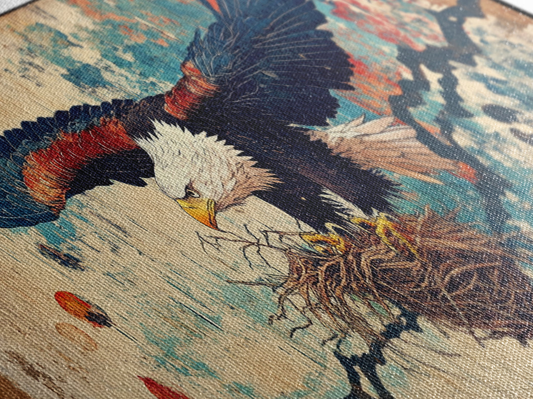 Soaring Eagle With Nest Japanese Inspired Wall Art, Panoramic Canvas Print, Asian Decor, Nature Wall Decor, Gift For Bird Lover